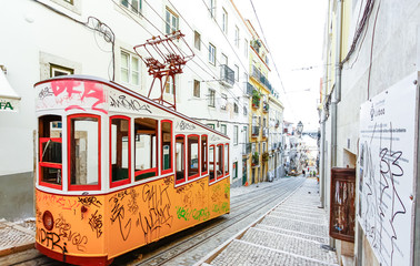 Lisbon's Gloria funicular classified as a national monument opened 1885 located on the west side of...