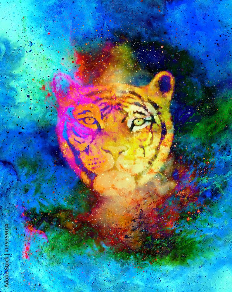 Leinwandbilder head of a young tiger on abstract space background with graphic structure effect.
