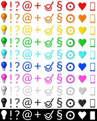 question mark exclamation mark idea bulb et plus tick clasp hook check mark tick mark paragraph crotchet gear option options heart mobile phone colored 3d isolated business symbol 