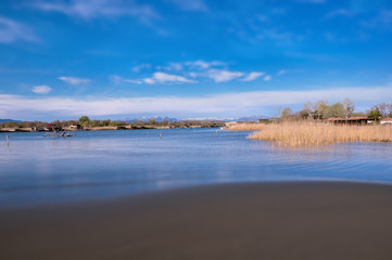 View over the beach  with  mountains in the background.
