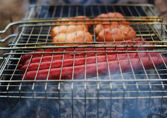 Grilled sausages on the smoke.