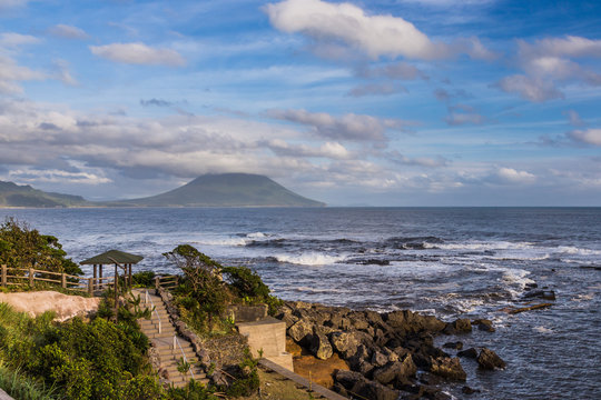 View of seascape and ocean with Mt. Kaimon volcano, Kagoshima, Kyushu, Japan ( Kaimondake)