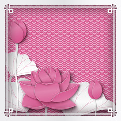 Abstract floral pink background with lotus flowers, oriental pattern and space for title text. Vector illustration, paper cut out art style. Layers are isolated