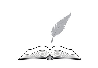 Open book and feather pen. Drawing of pen on white background in doodle style. Concept for education.