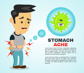 Young sick man having stomach ache, food poisoning, stomach problems, abdominal pain . Vector flat cartoon character illustration infographic. Medical concept. Angry bacteria in the stomach