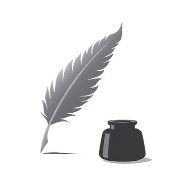 Feather pen and inkwell. Drawing of ancient pen on white background in doodle style. Concept for education.