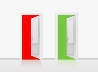 Two open doors on the gray wall background. Vector illustration.