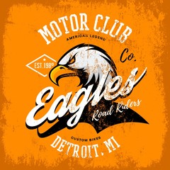 Fototapeta premium Vintage American furious eagle custom bike motor club tee print vector design isolated on orange background.Premium quality wild bird superior logo concept illustration.