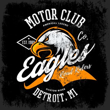 Vintage American furious eagle custom bike motor club tee print vector design isolated on dark background. Premium quality wild bird superior logo concept illustration.