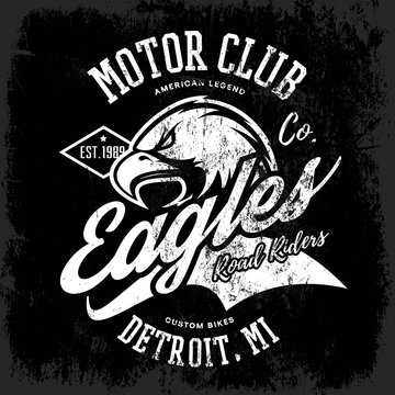 Vintage American furious eagle custom bike motor club tee print vector design isolated on dark background. Premium quality wild bird superior logo concept illustration