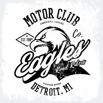 Vintage American furious eagle custom bike motor club tee print vector design isolated on white background. Premium quality wild bird superior logo concept illustration