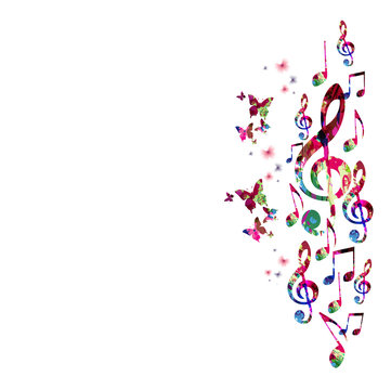 Colorful music notes with butterflies isolated vector illustration. Music background for poster, brochure, banner, flyer, concert, music festival
