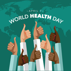 World Health Day medical thumbs up and world map design
