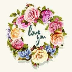 Illustration of floral wreath. Love you. Can be used as different invitation, greeting cards, etc. Hand drawn, vector - stock