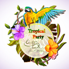 Tropical party template illustration with parrot, sitting in the top. Hand drawn vintage illustration. Vector - stock.