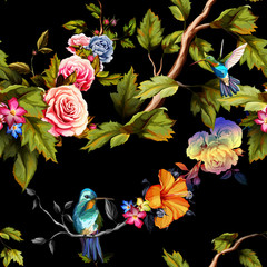 Panele Szklane  Koliber, róże, piwonia z liśćmi na czarno. Akwarela. Bezszwowe tło wzór. Zdjęcie Seryjne - czas.