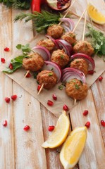Kofta skewers, meatballs and red onion delicious oriental cuisine, top view