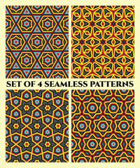 Seamless geometrical patterns of red, yellow, grey, blue and black shades