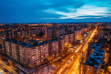 Night Voronezh cityscape from rooftop. Residential area