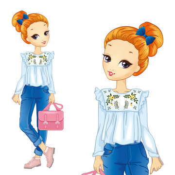 Girl In Shirt With Embroidery