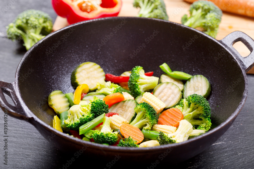 Sticker stir fried vegetables in a wok