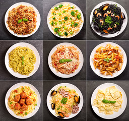 collage of various plates of pasta