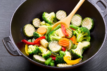 stir fried vegetables in a wok