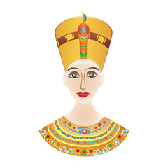 Egyptian pharaoh Cleopatra or Nefertiti in colored patterns, with jewels and a crown on his head.