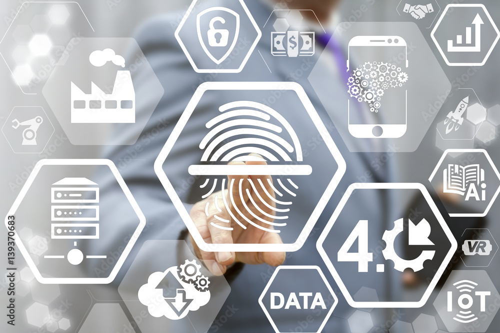 Poster business and industrial security identification scanning biometric fingerprint integration concept. 