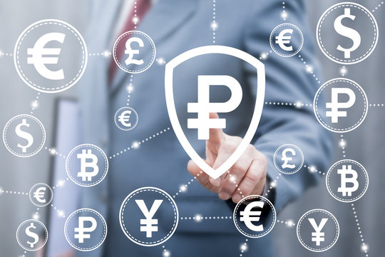 Rubles insurance finance business concept. Safety russian national currency. Security, protection, money technology. Businessman touched shield ruble icon on virtual screen