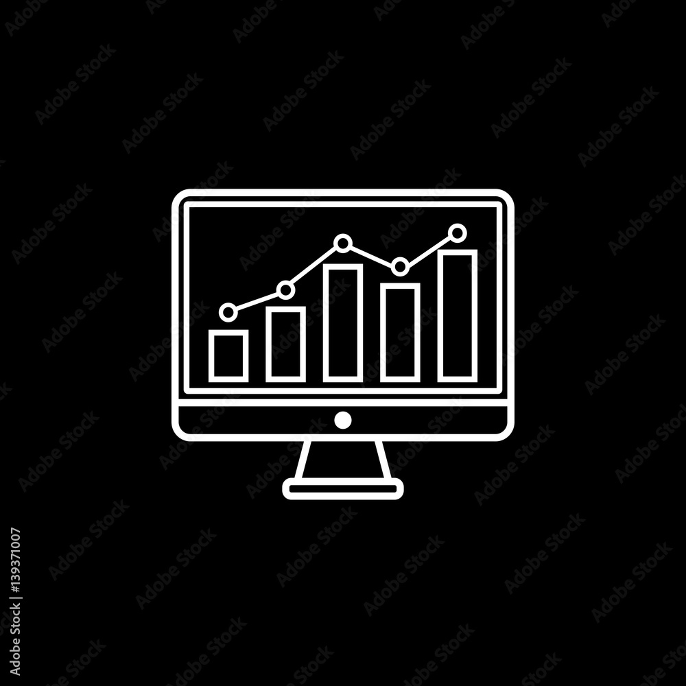 Poster seo monitoring line icon, seo & development, chart on monitor sign, a linear pattern on a black back