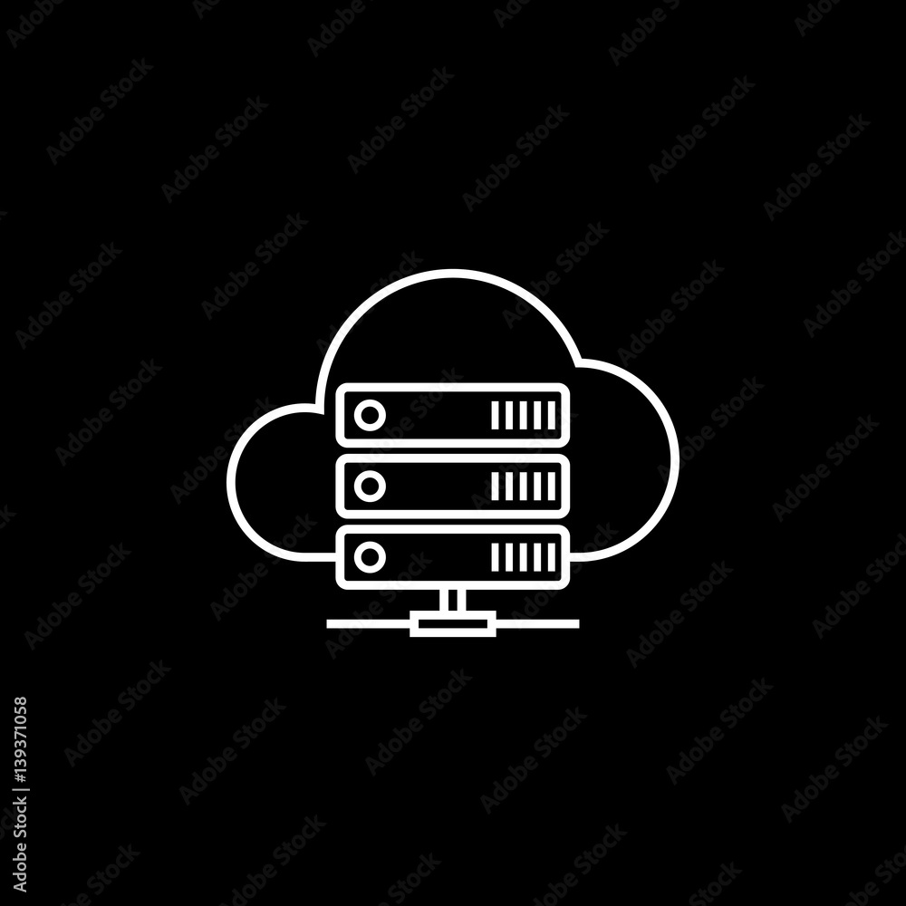 Poster cloud hosting line icon, seo & development, data base server sign, a linear pattern on a black backg