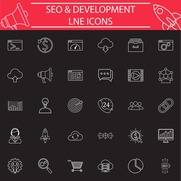 SEO & Development line pictograms package, marketing symbols collection, vector sketches, logo illustrations, Search Engine Optimization linear icon set isolated on white background, eps 10.