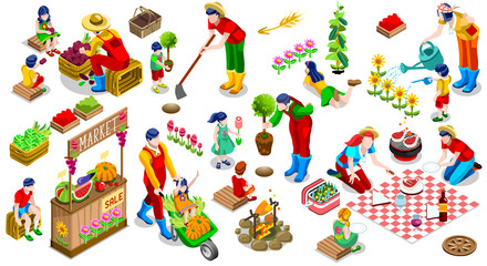Farmer Man and Kids Planting Tree. 3D Isometric People Country Family Icon Set. Outdoor Family Bbq Party. Child Market Stand Display Fruit and Vegetables. Farming Vector Illustration