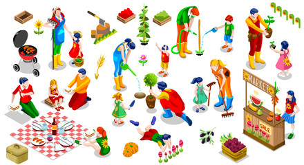 Farmer Man and Kids Planting Tree. 3D Isometric People Country Family Icon Set. Outdoor Family Bbq Party. Child Market Stand Display Fruit and Vegetables. Farming Vector Illustration