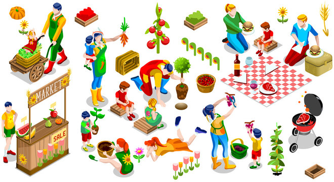 Farmer Man and Kids Planting Tree. 3D Isometric People Country Family Icon Set. Outdoor Family Bbq Party. Child Market Stand Display Fruit and Vegetables. Farming Vector Illustration