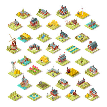 Isometric farm house building stuff farming agriculture scene. 3D icon set collection vector illustration for infographic or android video game