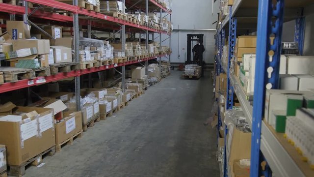 Large Industrial Warehouse with Boxes on Shelves
