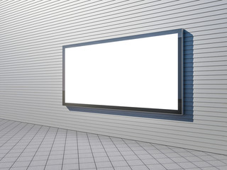 Large blank billboard lightbox on a street gray wall, horizontal, 3d rendering