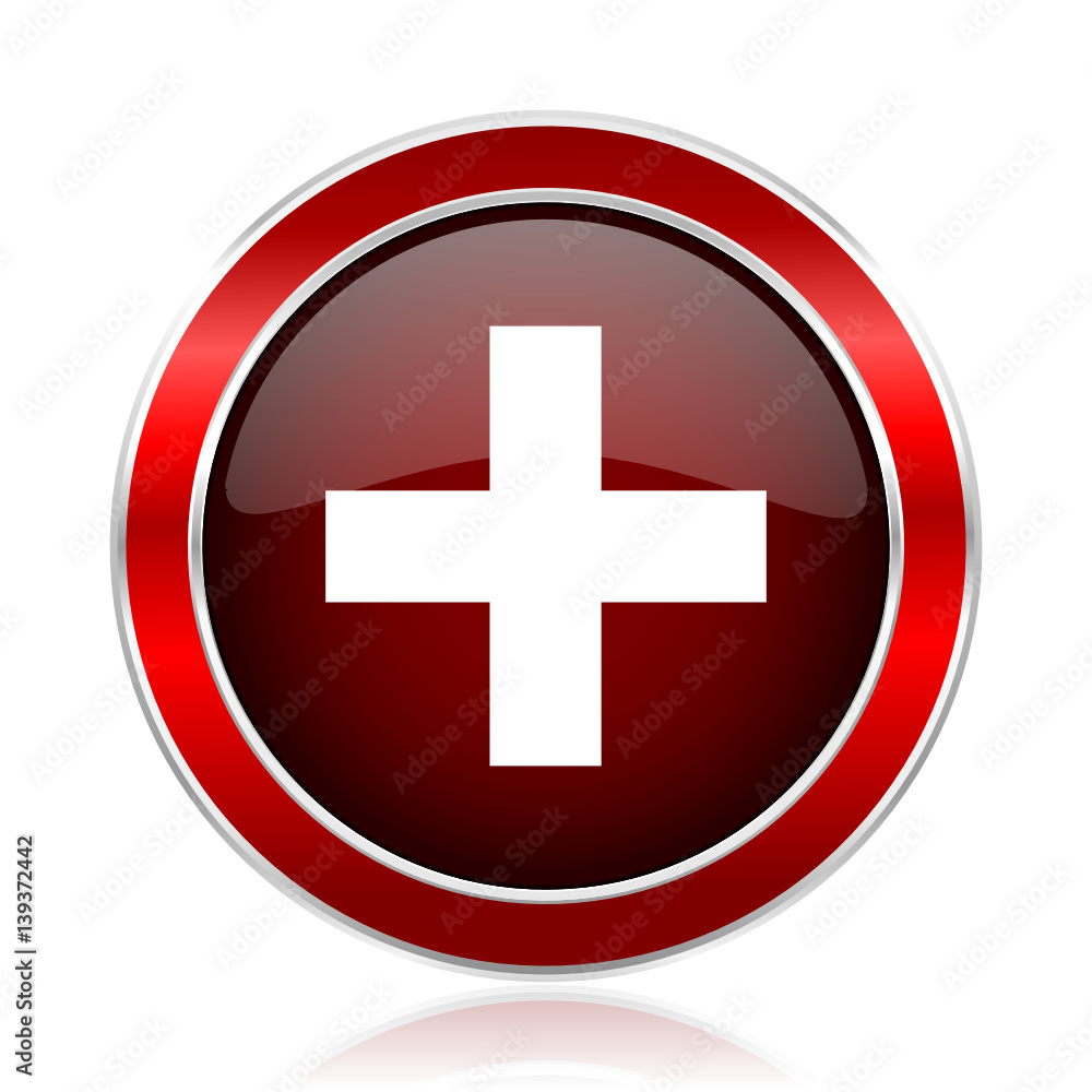 Aufkleber plus red silver metallic web and smartphone vector icon isolated on white background.