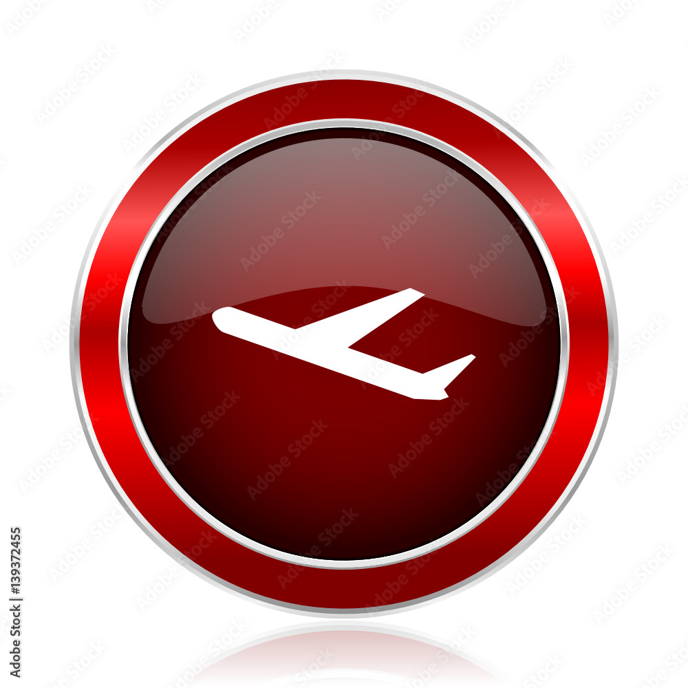 Poster plane red round glossy vector web icon. circle modern design chrome metal border abstract sign for s