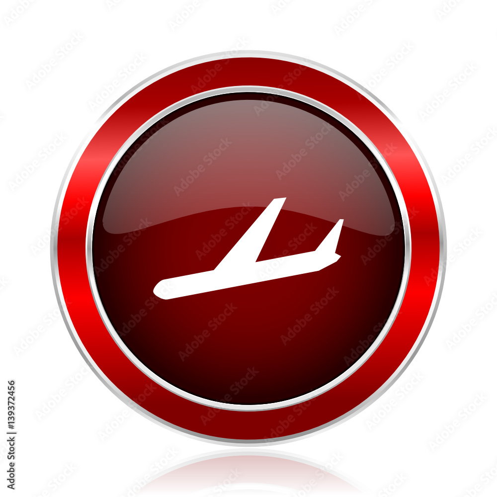 Poster plane red round glossy vector web icon. circle modern design chrome metal border abstract sign for s
