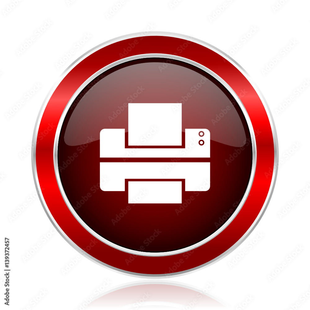 Poster Printer red round glossy vector web icon. Circle modern design chrome metal border abstract sign for smartphone applications.