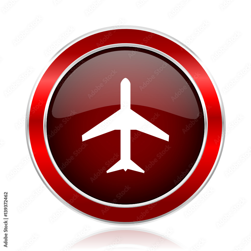 Poster plane red round glossy vector web icon. circle modern design chrome metal border abstract sign for s