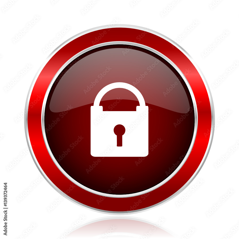 Poster Padlock red round glossy vector web icon. Circle modern design chrome metal border abstract sign for smartphone applications.