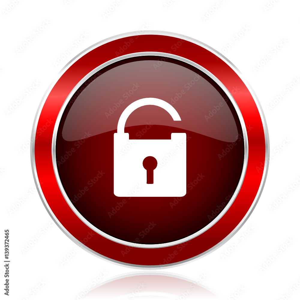 Poster Padlock red round glossy vector web icon. Circle modern design chrome metal border abstract sign for smartphone applications.