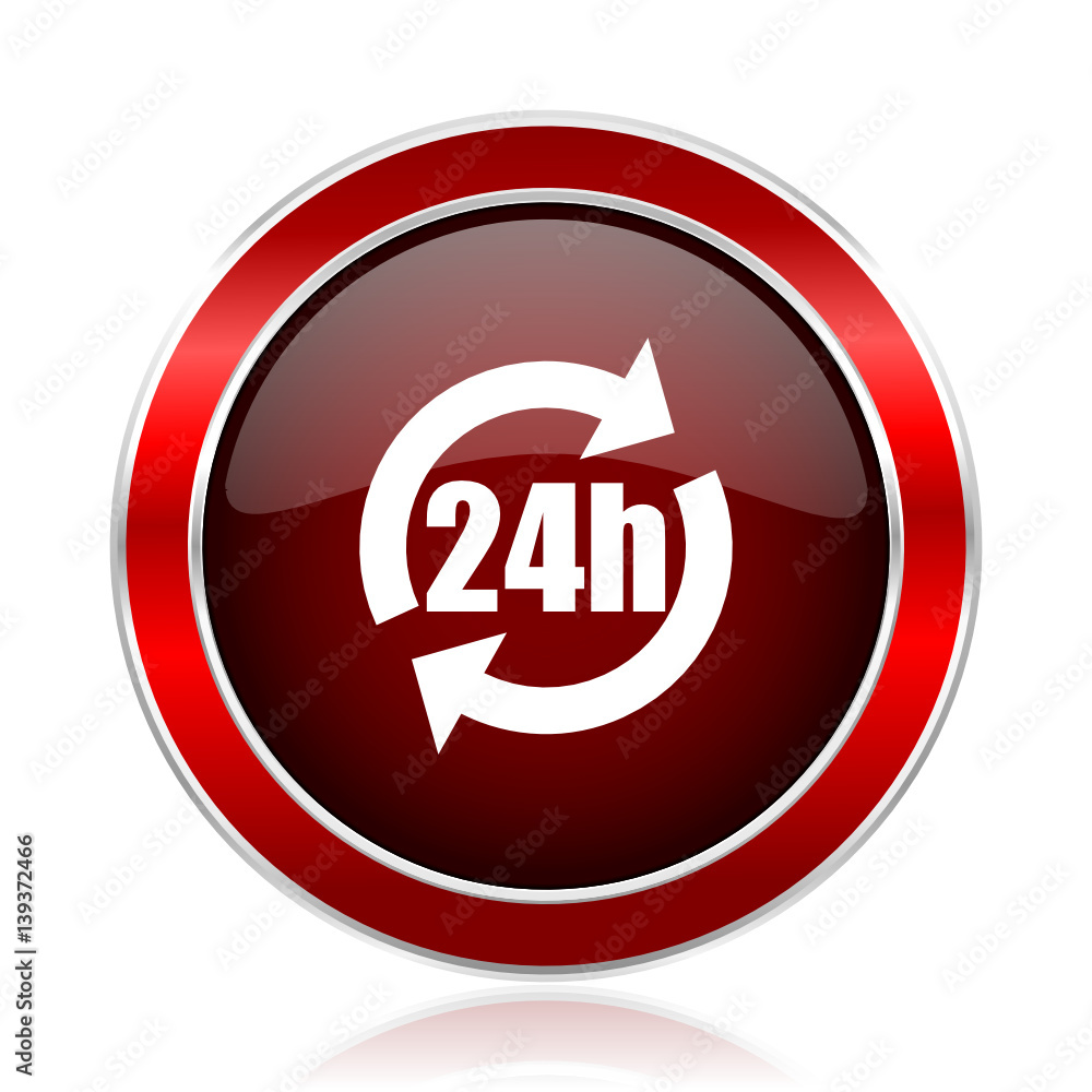 Poster 24h red round glossy vector web icon. Circle modern design chrome metal border abstract sign for smartphone applications.