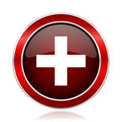 Plus red silver metallic web and smartphone vector icon isolated on white background.