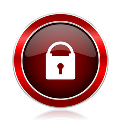 Padlock red round glossy vector web icon. Circle modern design chrome metal border abstract sign for smartphone applications.