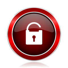Padlock red round glossy vector web icon. Circle modern design chrome metal border abstract sign for smartphone applications.